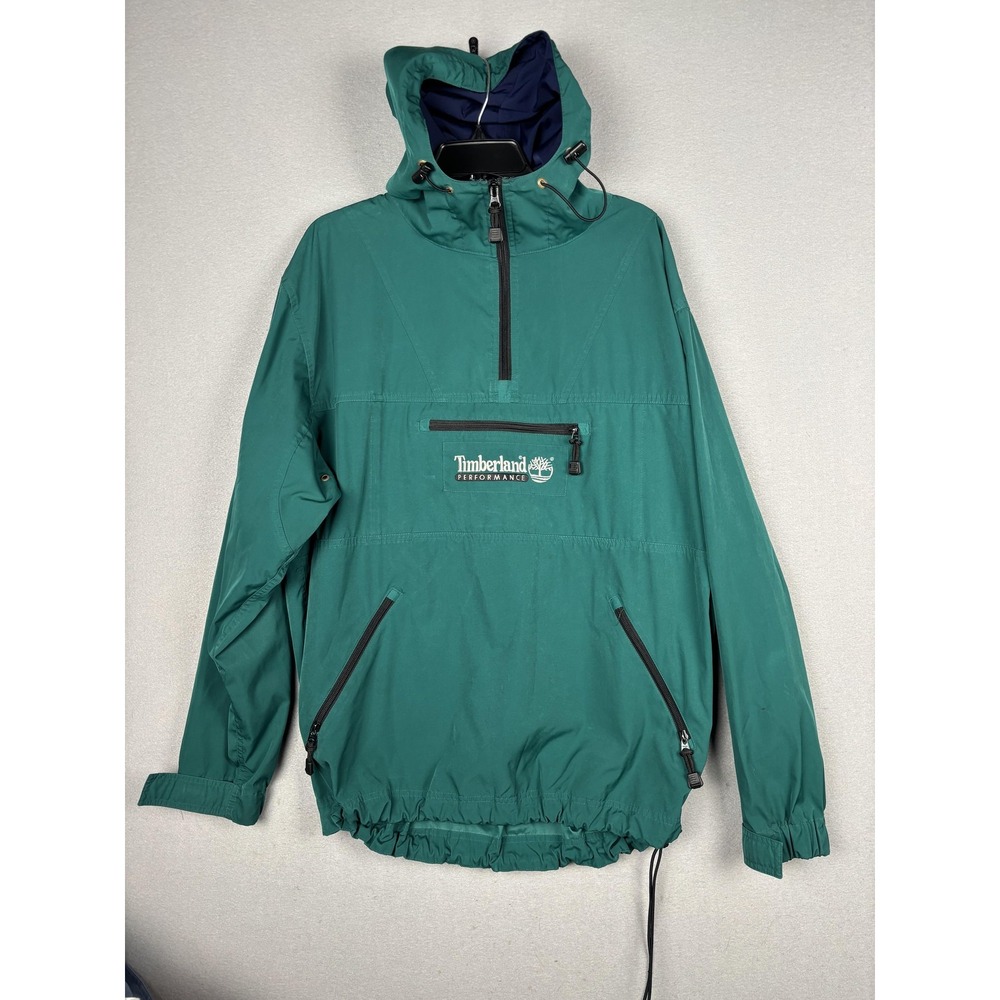 Timberland Jacket Mens Large Green 1/2 Zip Hooded Windbreaker Performance Anorak